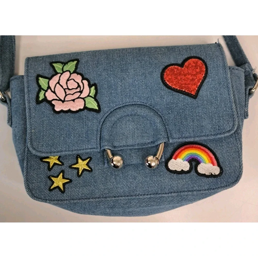 Y2K  No‎ Boundaries Denim Purse Handbag Embroidered Patches Heart Rose Rainbow